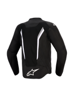 Alpinestars AST V3 Air Jas, achteraanzicht, zwart met witte en donkergrijze accenten, voorzien van een groot mesh-ventilatiepaneel, wit Alpinestars-logo op de onderrug en laser-geperforeerde zones, technische motorjas met sportieve pasvorm