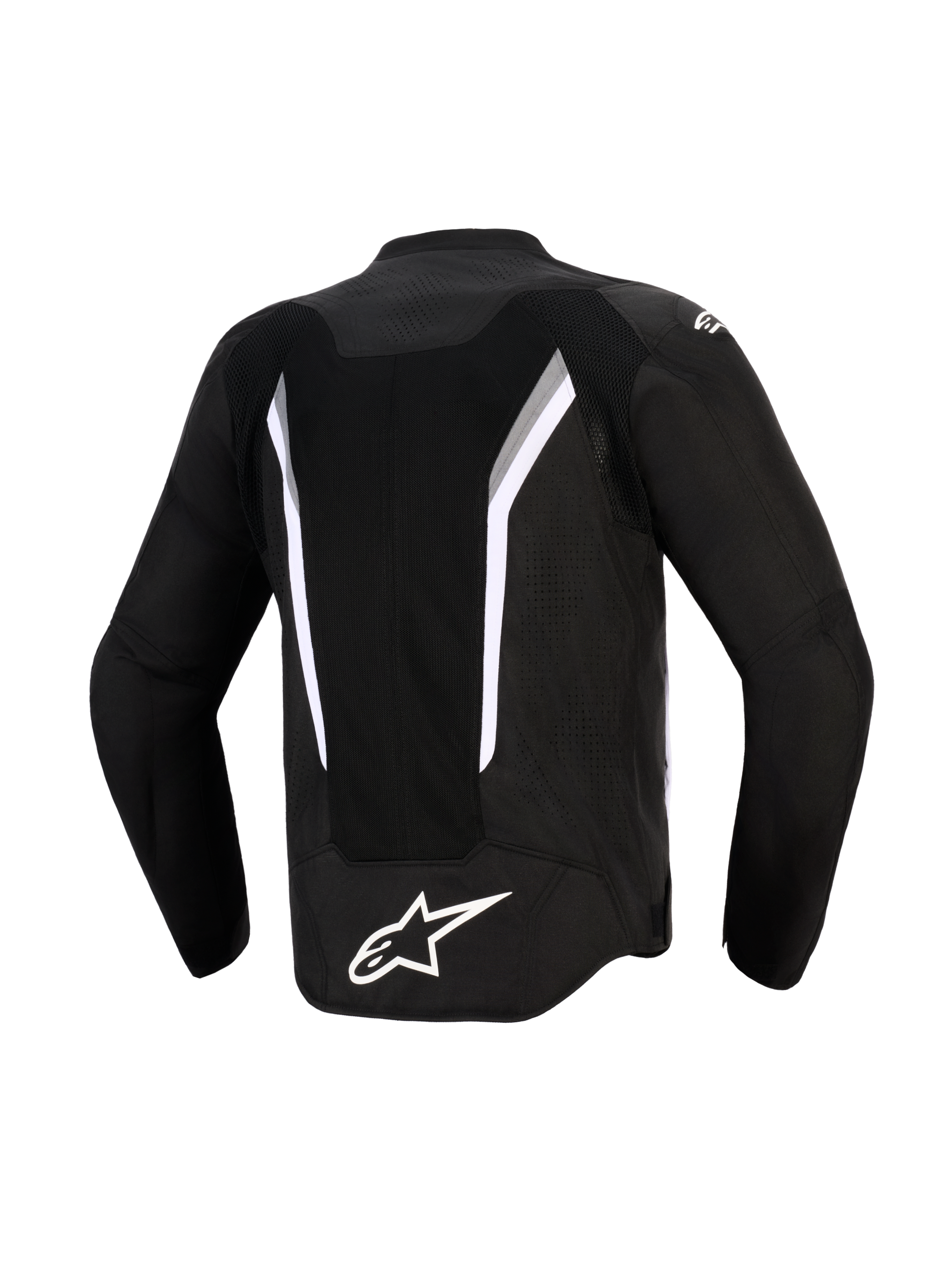 Alpinestars AST V3 Air Jas, achteraanzicht, zwart met witte en donkergrijze accenten, voorzien van een groot mesh-ventilatiepaneel, wit Alpinestars-logo op de onderrug en laser-geperforeerde zones, technische motorjas met sportieve pasvorm