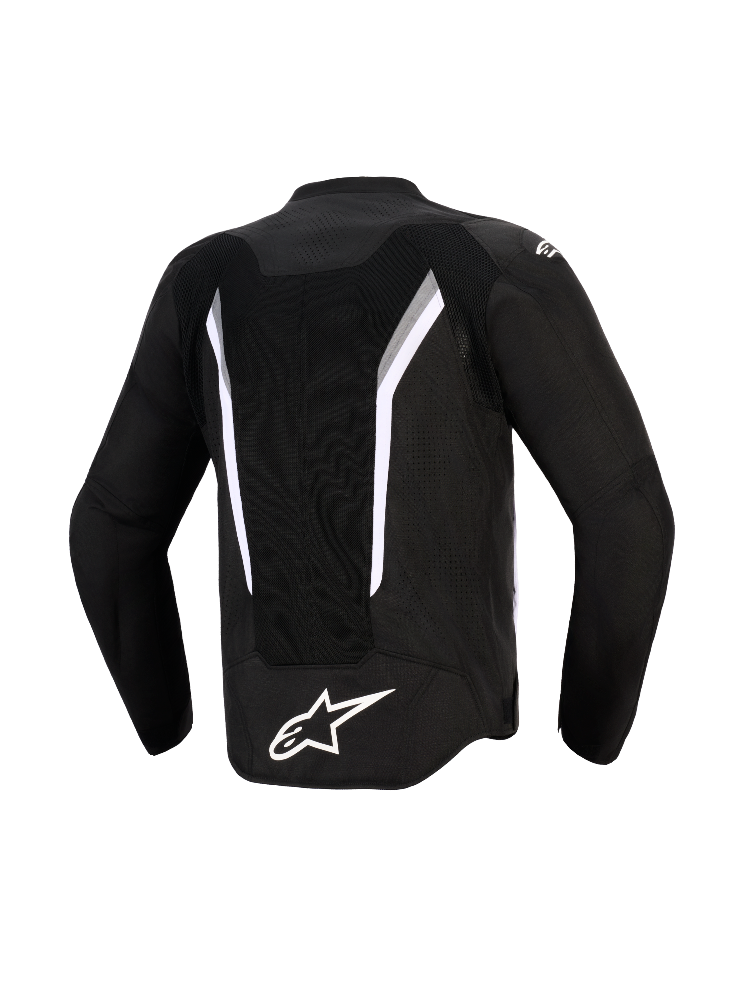 Alpinestars AST V3 Air Jas, achteraanzicht, zwart met witte en donkergrijze accenten, voorzien van een groot mesh-ventilatiepaneel, wit Alpinestars-logo op de onderrug en laser-geperforeerde zones, technische motorjas met sportieve pasvorm