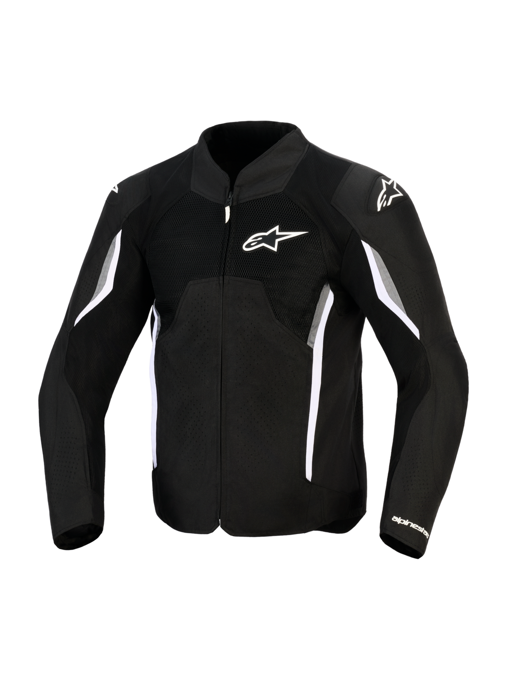 Alpinestars AST V3 Air Jas, motorjas, zwart, donkergrijs en wit, vooraanzicht met mesh ventilatiepanelen, wit Alpinestars-logo op de borst en schoudersliders, sportief ontwerp met witte en grijze accenten op de mouwen