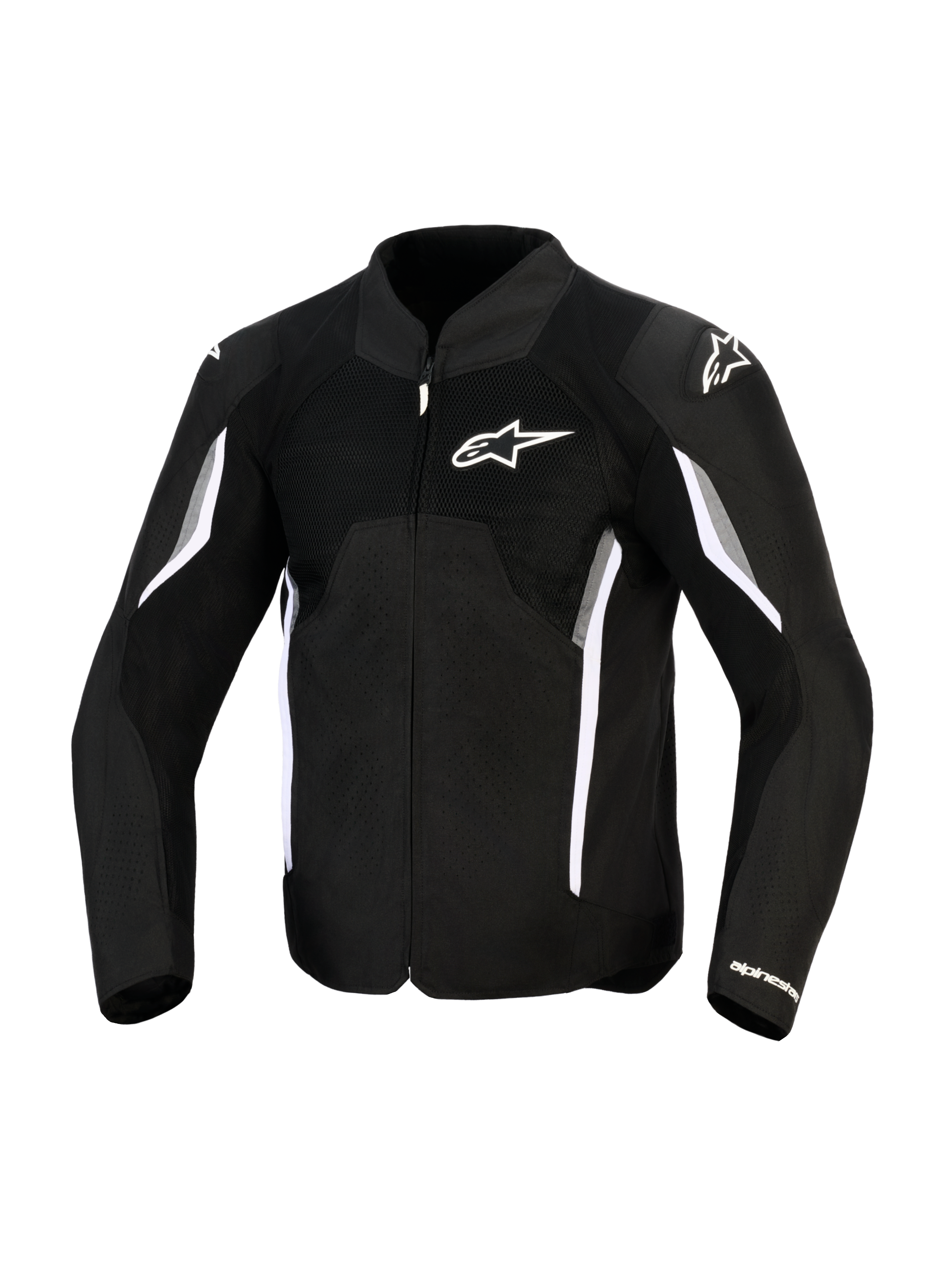 Alpinestars AST V3 Air Jas, motorjas, zwart, donkergrijs en wit, vooraanzicht met mesh ventilatiepanelen, wit Alpinestars-logo op de borst en schoudersliders, sportief ontwerp met witte en grijze accenten op de mouwen