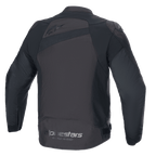 Alpinestars T-GP Plus R V4 Jacket, Textile Motorcycle Jacket, Black and Black, back view showing Alpinestars branding and 'Racing Ahead' slogan, sport fit with DFS Lite shoulder protectors and durable poly-fabric construction