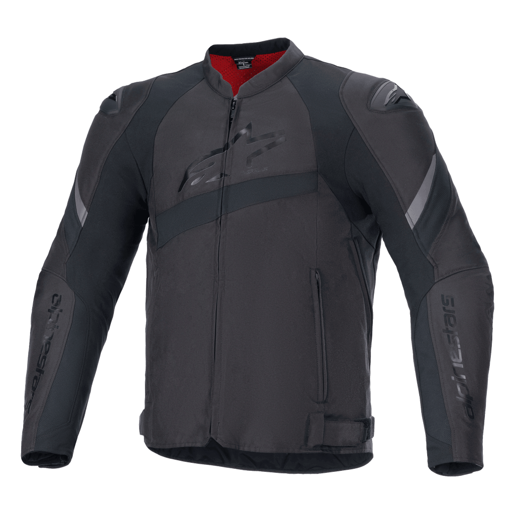 Alpinestars T-GP Plus R V4 Jacket, Black Textile Motorcycle Jacket, Embossed Alpinestars Chest Logo, Gray Reflective Stripes, Red Inner Lining at Collar, Sport Fit with Padded Shoulders and Elbows, Racing Style Design