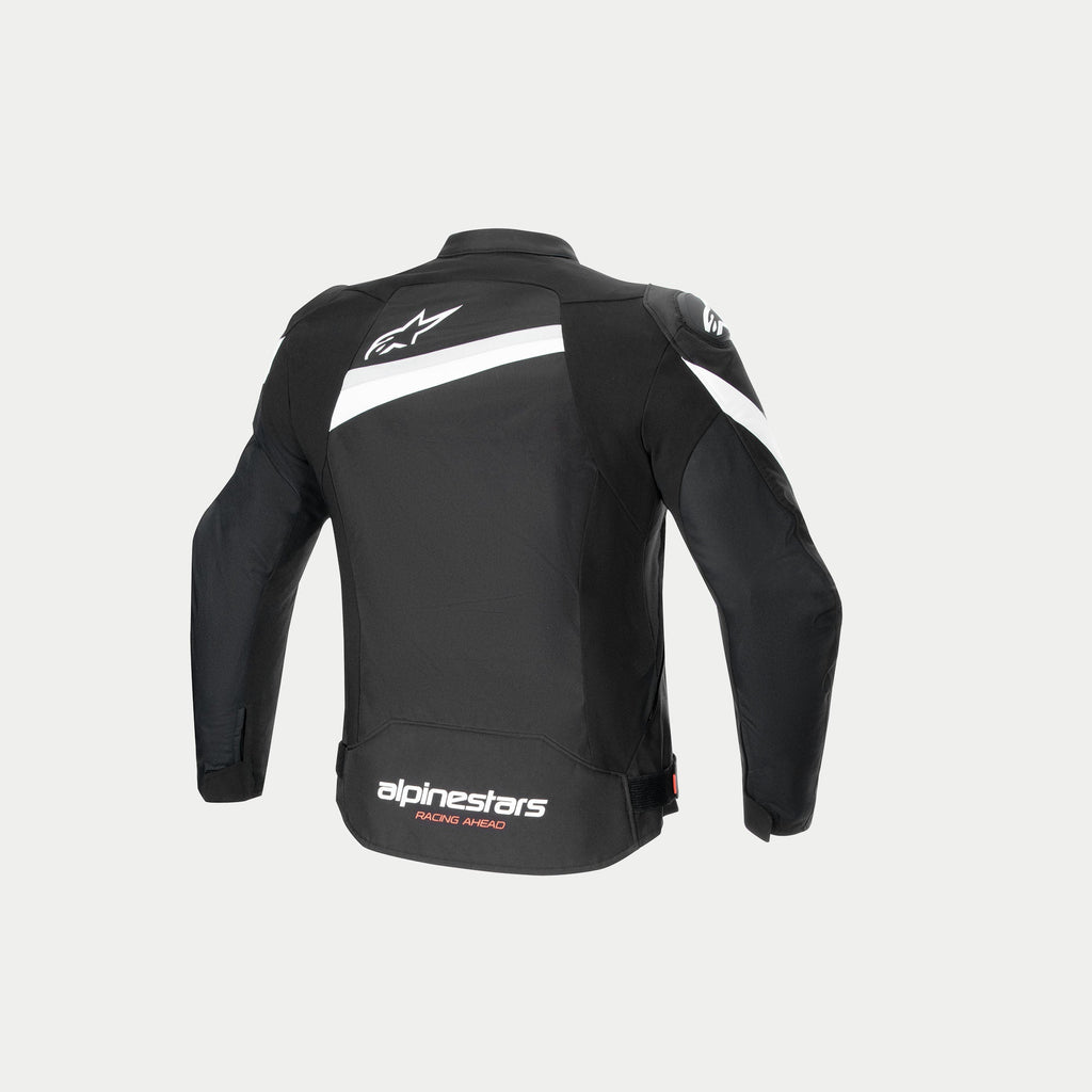 Alpinestars T-GP Plus R V4 Jas, zwart en witte textiel motorjas, achteraanzicht met voorgevormde mouwen, witte logo's en CE-gecertificeerde constructie