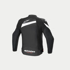 Alpinestars T-GP Plus R V4 Jas, zwart en witte textiel motorjas, achteraanzicht met voorgevormde mouwen, witte logo's en CE-gecertificeerde constructie