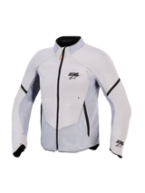 Alpinestars Aeroshell Airflow motorjas, Mid Gray Anthracite, voorzien van lichtgewicht stretch softshell met uitgebreide lasergeperforeerde mesh-panelen, zwarte rits aan de voorzijde met rood trekkoord, ASTARS-branding op de borst en mouw, sport-fit ontwerp voor maximale ademendheid.