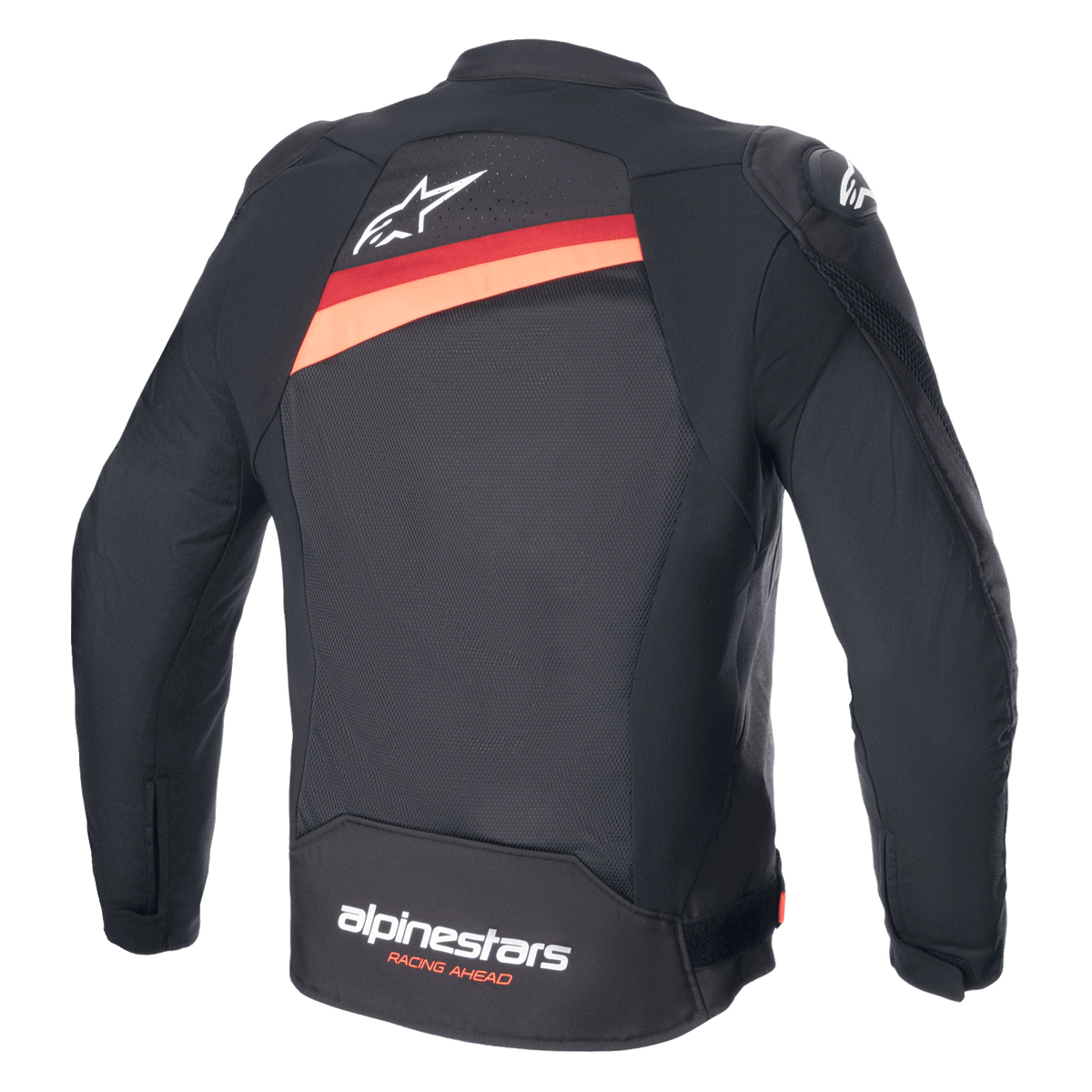 Alpinestars T-GP Plus R V4 Airflow Jas, zwart met rood fluo, achteraanzicht van een textiele motorjas met grote mesh ventilatiepanelen, wit Astar-logo op de bovenrug en 'alpinestars RACING AHEAD' branding op de onderrug.