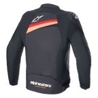Alpinestars T-GP Plus R V4 Airflow Jas, zwart met rood fluo, achteraanzicht van een textiele motorjas met grote mesh ventilatiepanelen, wit Astar-logo op de bovenrug en 'alpinestars RACING AHEAD' branding op de onderrug.