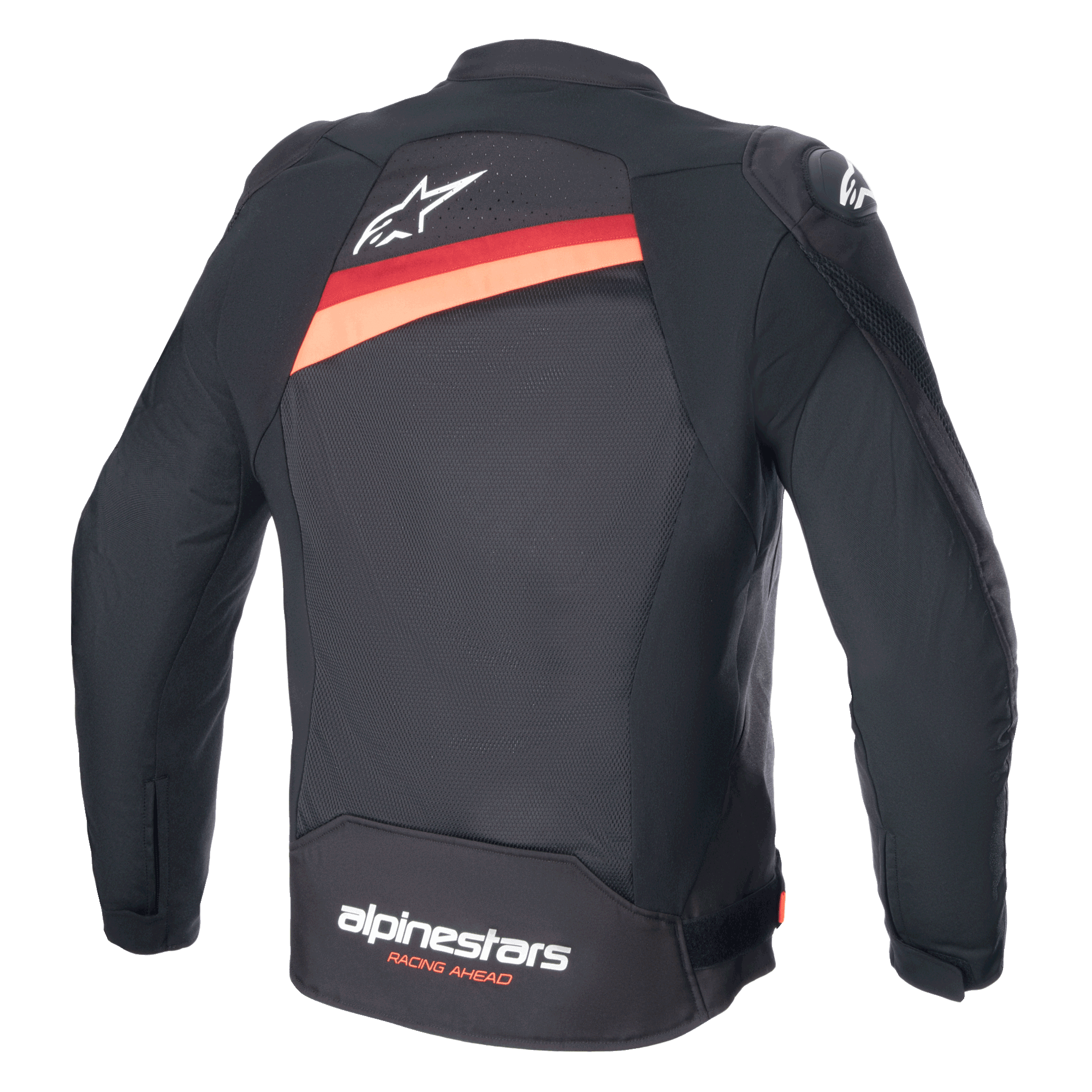 Alpinestars T-GP Plus R V4 Airflow Jas, zwart met rood fluo, achteraanzicht van een textiele motorjas met grote mesh ventilatiepanelen, wit Astar-logo op de bovenrug en 'alpinestars RACING AHEAD' branding op de onderrug.