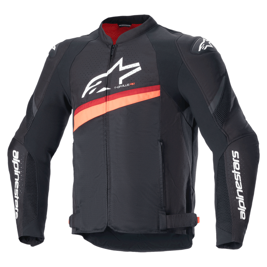 Alpinestars T-GP Plus R V4 Airflow Jacket, zwart en rood fluo textiele motorracejas, grote mesh ventilatiepanelen, witte branding op de borst en mouwen, verstelbare taillebanden, sportief ontwerp