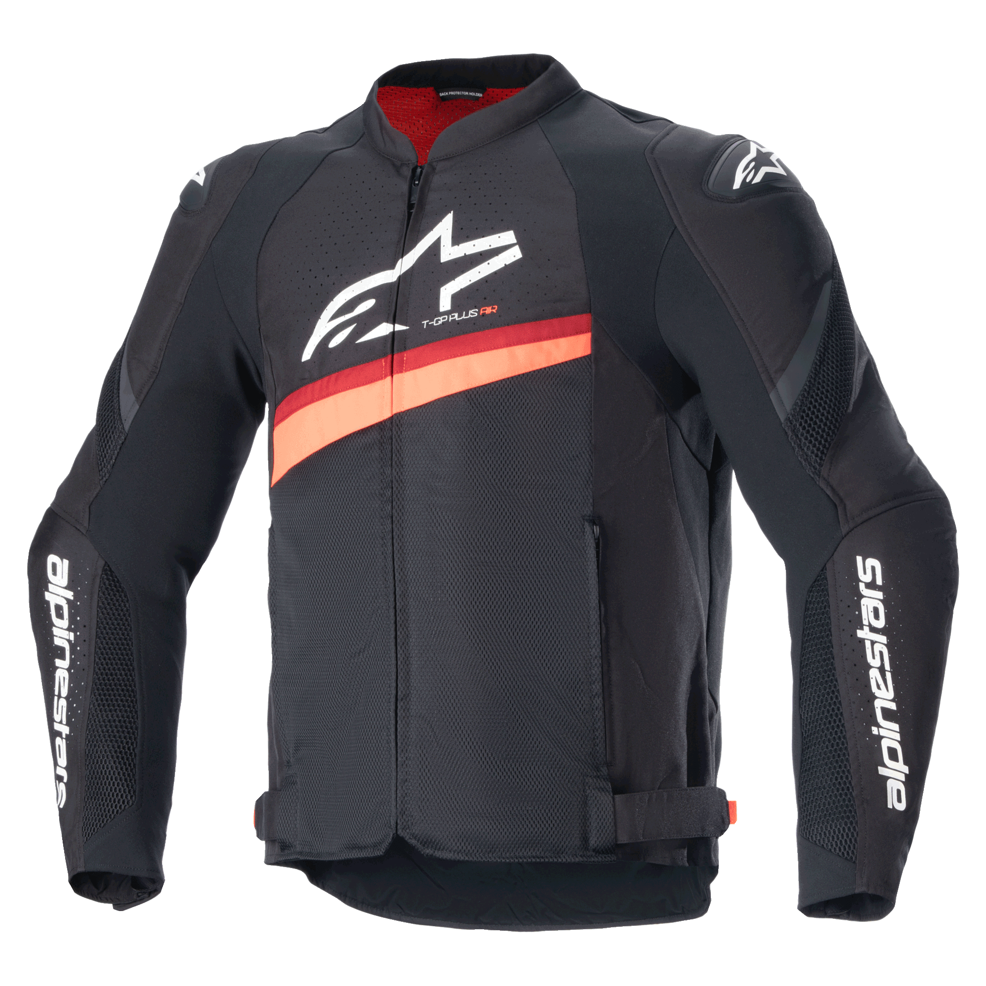 Alpinestars T-GP Plus R V4 Airflow Jacket, zwart en rood fluo textiele motorracejas, grote mesh ventilatiepanelen, witte branding op de borst en mouwen, verstelbare taillebanden, sportief ontwerp