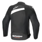 Alpinestars T-GP Plus R V4 Airflow jas, textiele motorjas, zwart en wit, achteraanzicht met uitgebreid meshpaneel, wit sterlogo op de bovenrug en Alpinestars Racing Ahead-branding op de onderrug, sportieve pasvorm voor ventilatie