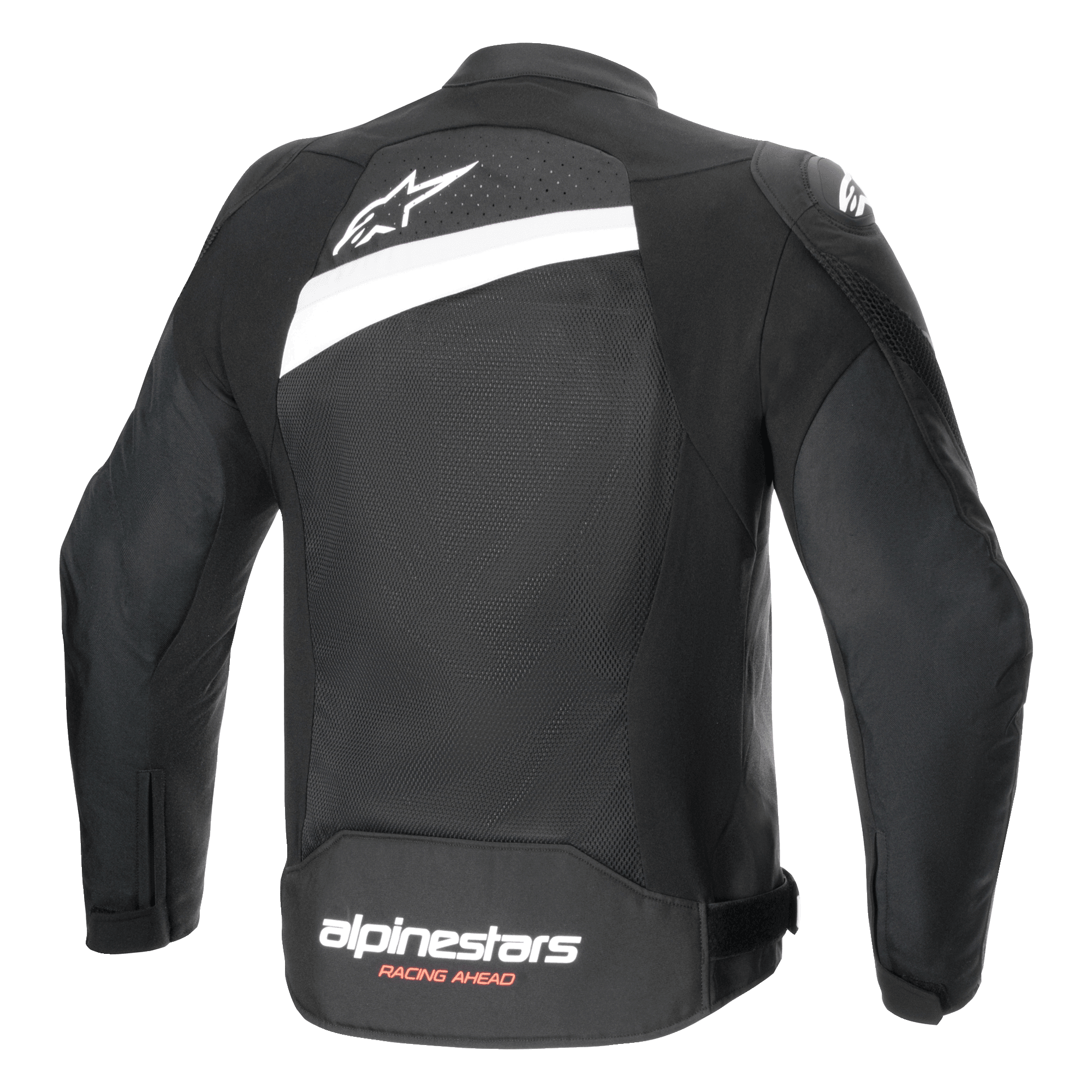 Alpinestars T-GP Plus R V4 Airflow jas, textiele motorjas, zwart en wit, achteraanzicht met uitgebreid meshpaneel, wit sterlogo op de bovenrug en Alpinestars Racing Ahead-branding op de onderrug, sportieve pasvorm voor ventilatie
