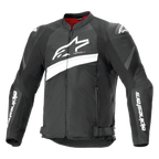 Alpinestars T-GP Plus R V4 Airflow motorjas, textiele motorracejas, zwart en wit, met een groot wit Astar-logo op de borst, geperforeerde mesh panelen voor ventilatie, rode binnenvoering en DFS Lite schouderbeschermers