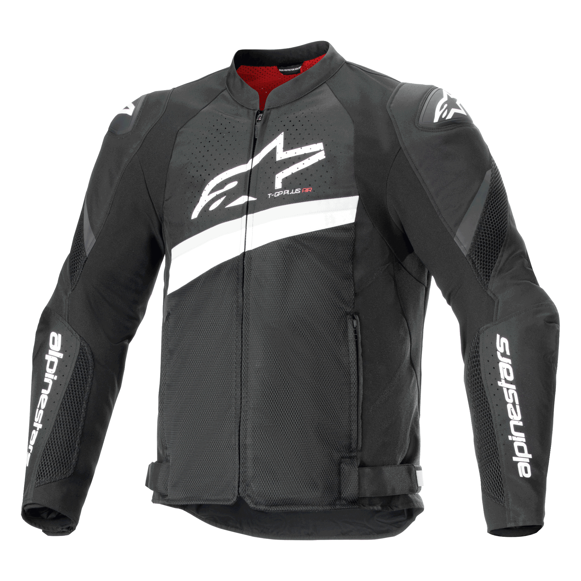 Alpinestars T-GP Plus R V4 Airflow motorjas, textiele motorracejas, zwart en wit, met een groot wit Astar-logo op de borst, geperforeerde mesh panelen voor ventilatie, rode binnenvoering en DFS Lite schouderbeschermers