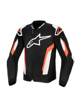 Alpinestars T-GP Air Jacket, Black and Red Fluo textile motorcycle jacket, large white Alpinestars logo on chest, featuring laser-perforated mesh panels for ventilation, external shoulder sliders, and a sport-cut design for protective road riding.