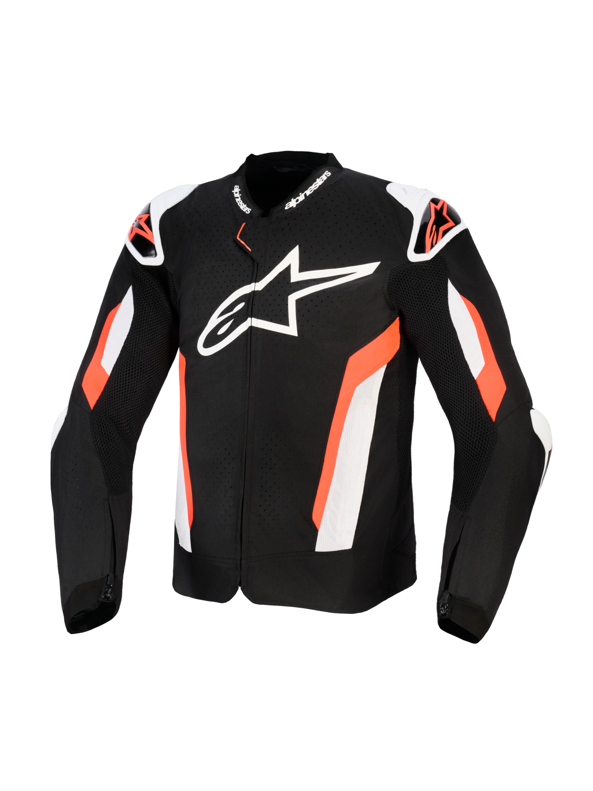 Alpinestars T-GP Air Jacket, Black and Red Fluo textile motorcycle jacket, large white Alpinestars logo on chest, featuring laser-perforated mesh panels for ventilation, external shoulder sliders, and a sport-cut design for protective road riding.