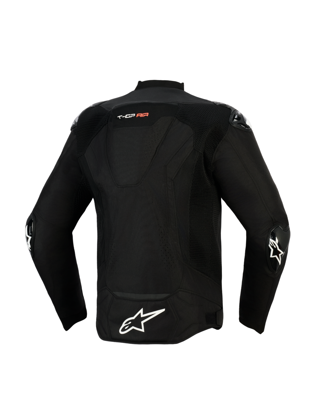 Alpinestars T-GP Air Jas, achteraanzicht, zwart, met een groot wit ster-logo op de onderrug en 'T-GP AIR' branding, mesh en laser-geperforeerde panelen voor luchtstroom, en externe sliders op de ellebogen, sportieve textiele motorjas