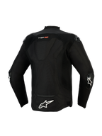 Alpinestars T-GP Air Jas, achteraanzicht, zwart, met een groot wit ster-logo op de onderrug en 'T-GP AIR' branding, mesh en laser-geperforeerde panelen voor luchtstroom, en externe sliders op de ellebogen, sportieve textiele motorjas