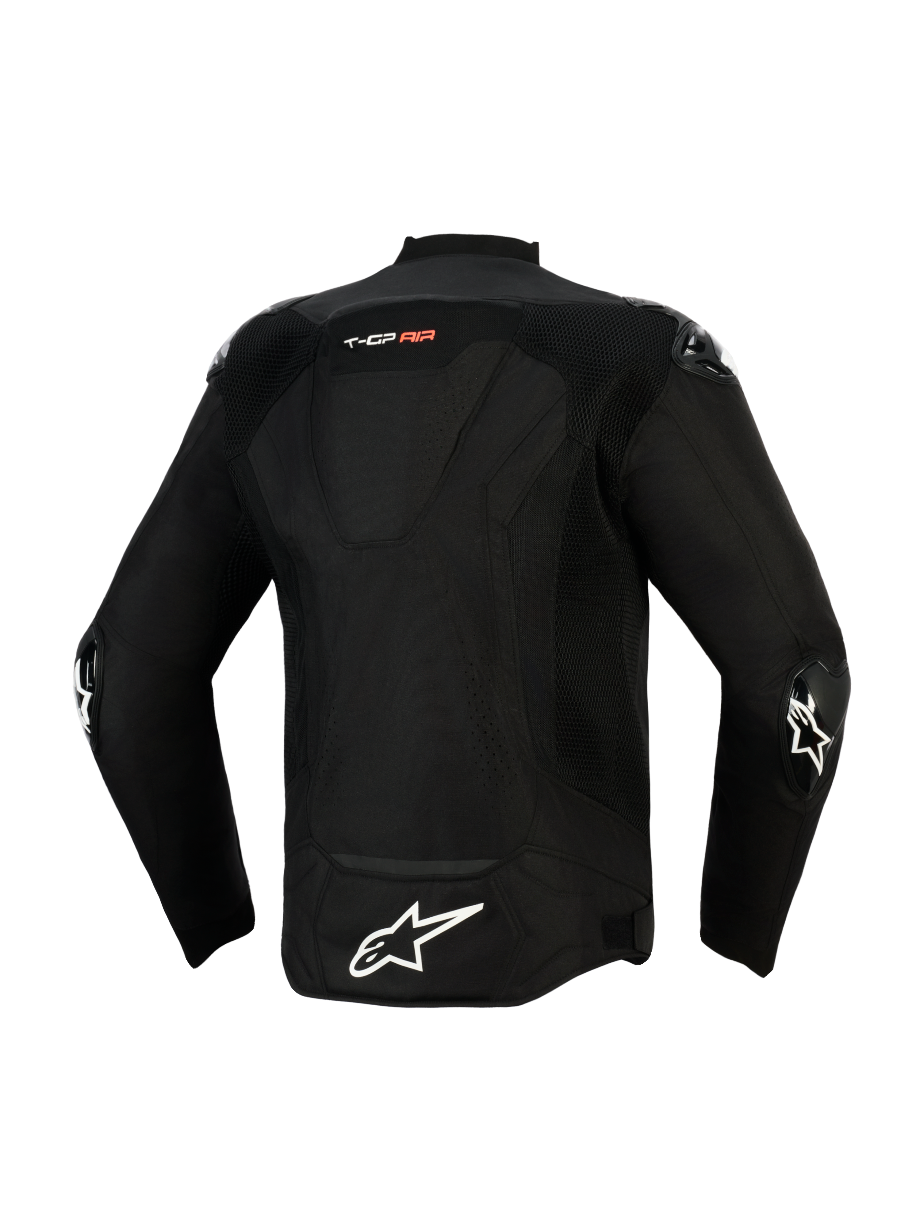 Alpinestars T-GP Air Jas, achteraanzicht, zwart, met een groot wit ster-logo op de onderrug en 'T-GP AIR' branding, mesh en laser-geperforeerde panelen voor luchtstroom, en externe sliders op de ellebogen, sportieve textiele motorjas