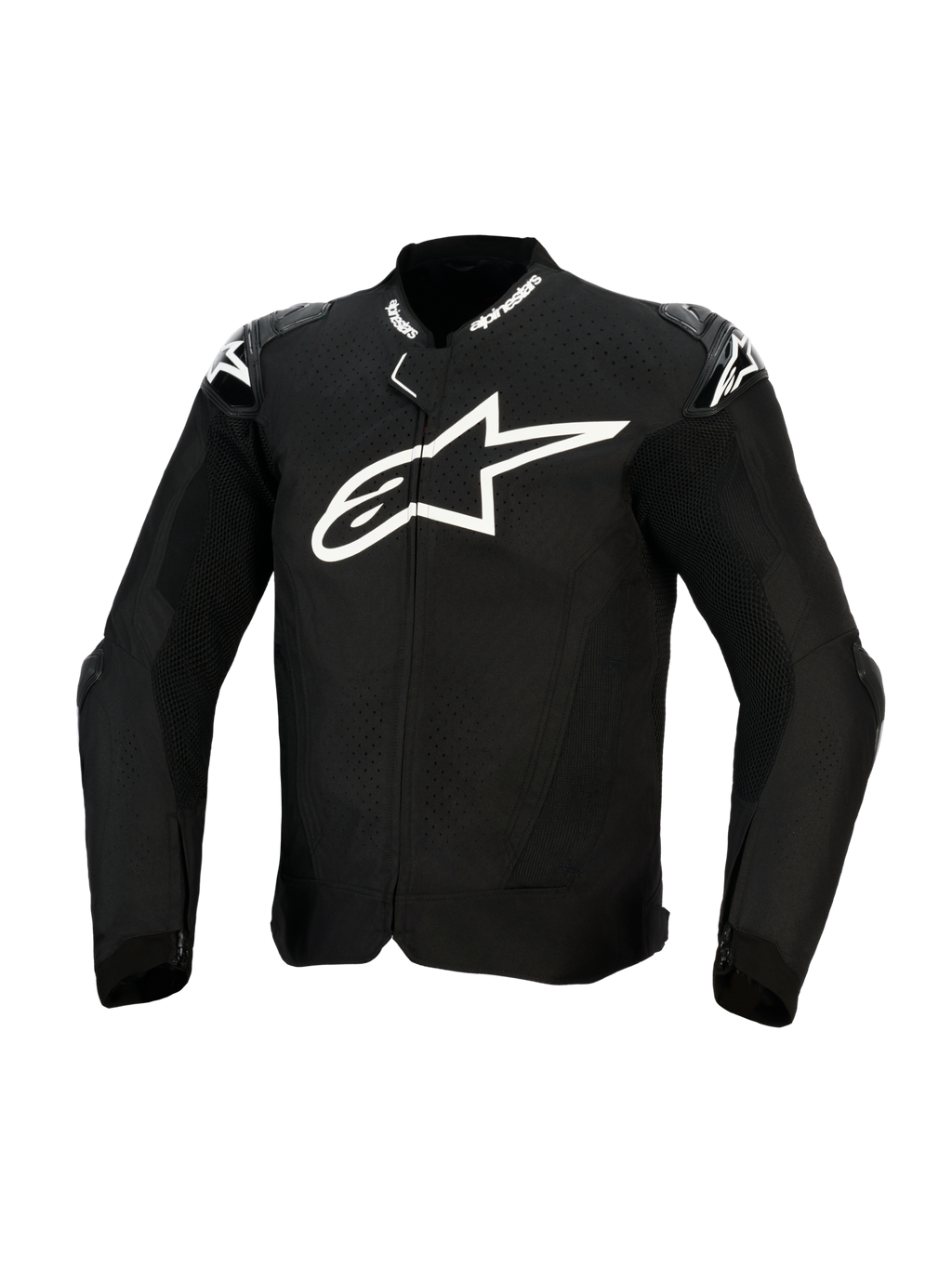 Alpinestars T-GP Air Jacket, zwarte textiel motorjas, voorzien van een groot wit logo op de borst, lasergeperforeerde ventilatiepanelen en externe schoudersliders, vooraanzicht