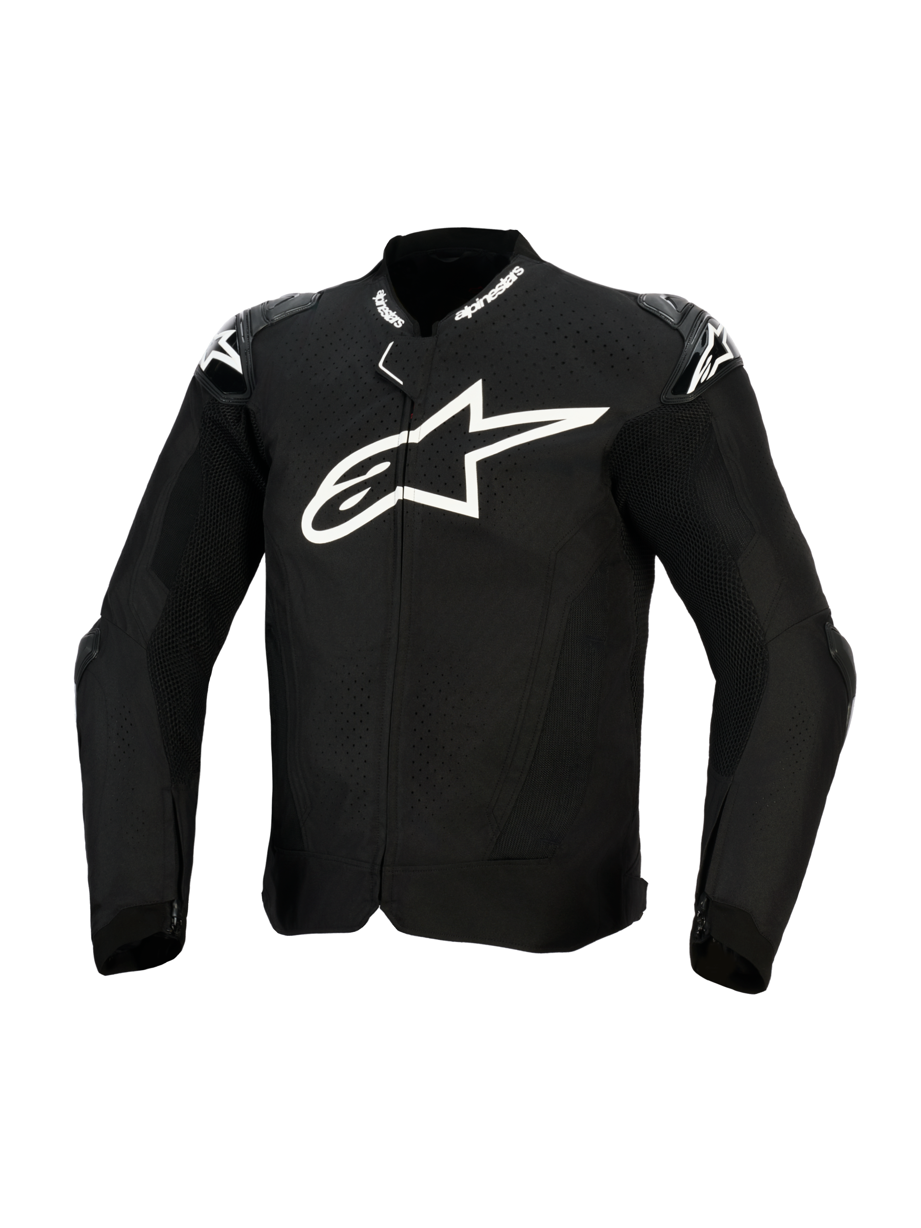 Alpinestars T-GP Air Jacket, zwarte textiel motorjas, voorzien van een groot wit logo op de borst, lasergeperforeerde ventilatiepanelen en externe schoudersliders, vooraanzicht