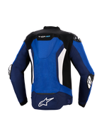Alpinestars T-GP Air Jacket, Rear view, Bright Blue Navy and White, sport textile motorcycle jacket featuring an integrated aerodynamic hump, mesh ventilation panels, white vertical accents, and white Astars logo on the tail, designed for high-performance riding