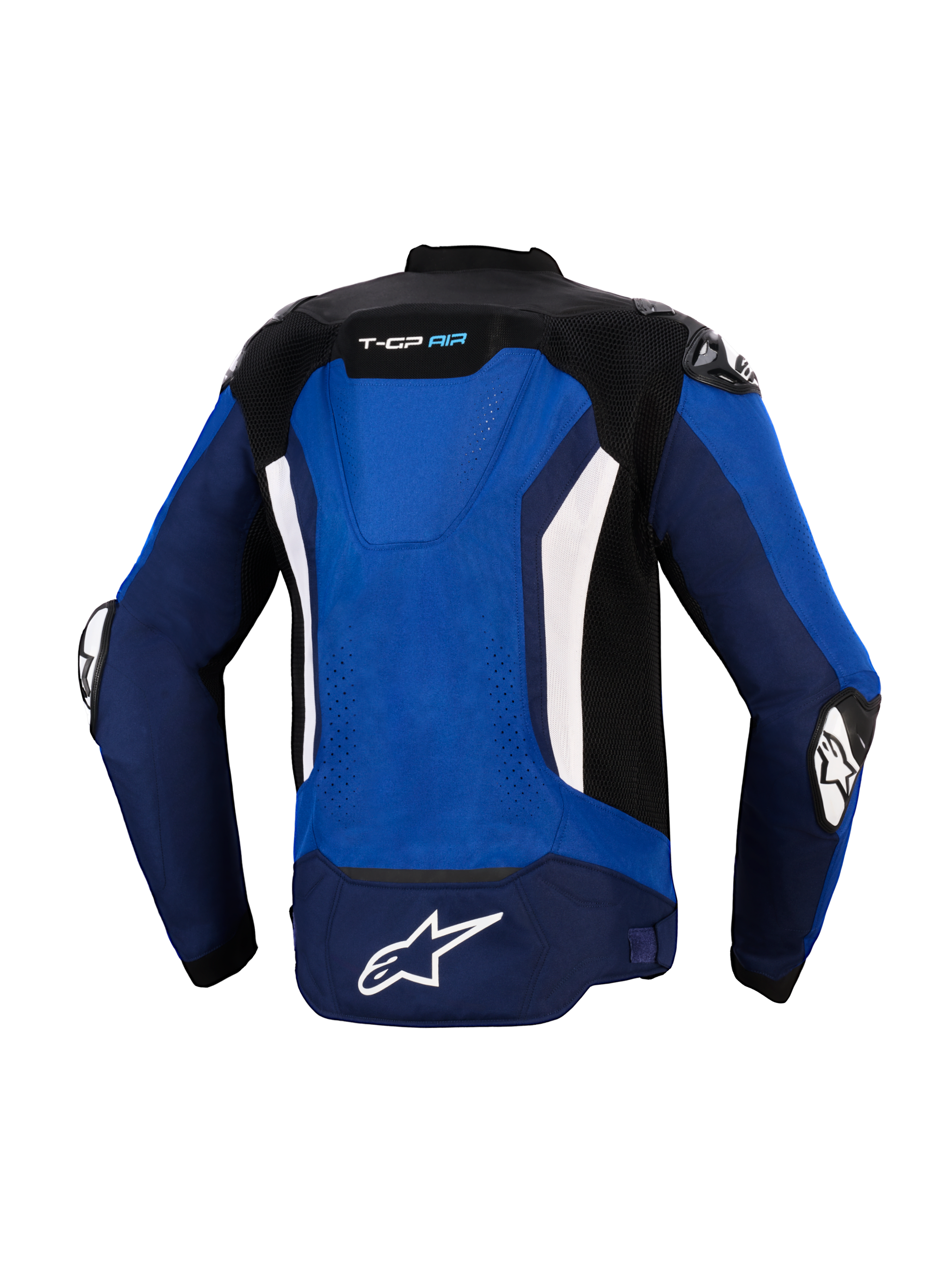 Alpinestars T-GP Air Jacket, achteraanzicht, helderblauw, marineblauw en wit, sportieve textiele motorjas met een geïntegreerde aerodynamische bult, mesh ventilatiepanelen, witte verticale accenten en wit Astars-logo op de achterzijde, ontworpen voor high-performance ritten.