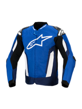 Alpinestars T-GP Air Jacket, sporttextiel motorjas, helder blauw, marineblauw en wit, met een groot wit sterlogo op de borst, laser-geperforeerd textiel voor ventilatie en externe schoudersliders, op races geïnspireerde prestatiegerichte uitrusting