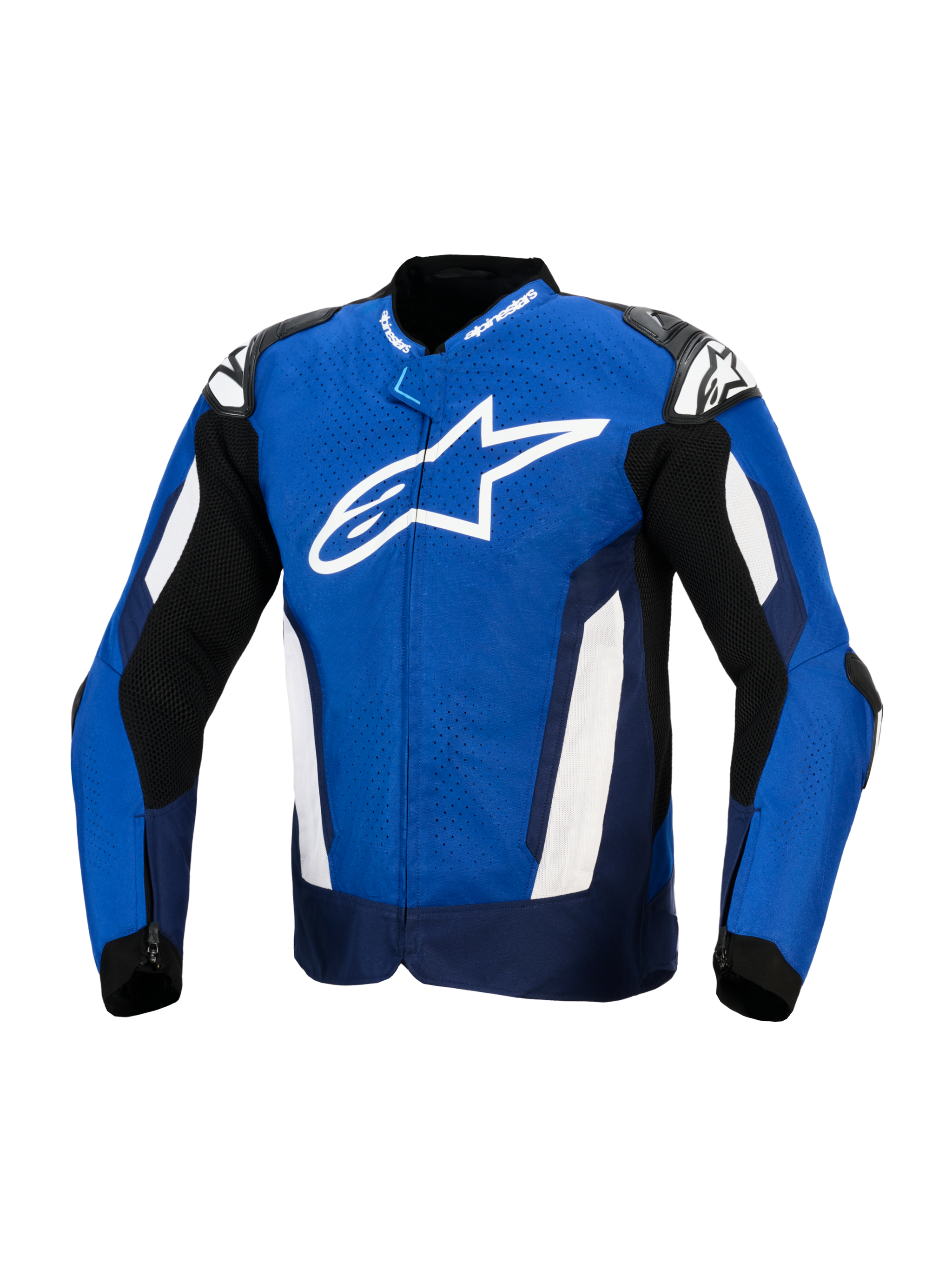 Alpinestars T-GP Air Jacket, sporttextiel motorjas, helder blauw, marineblauw en wit, met een groot wit sterlogo op de borst, laser-geperforeerd textiel voor ventilatie en externe schoudersliders, op races geïnspireerde prestatiegerichte uitrusting