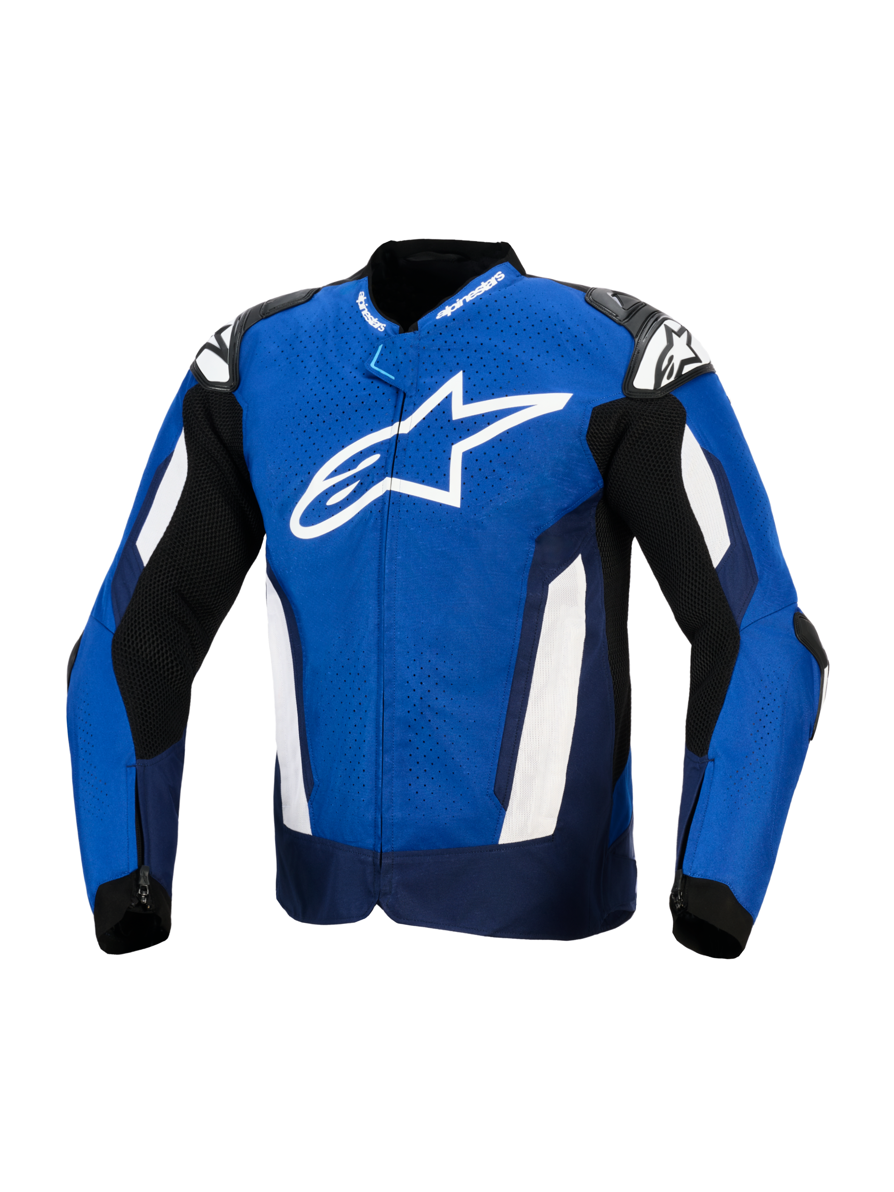 Alpinestars T-GP Air Jacket, Sport Textile Motorcycle Jacket, Bright Blue Navy and White, featuring a large white star logo on the chest, laser-perforated textile for ventilation, and external shoulder sliders, racing-inspired performance gear