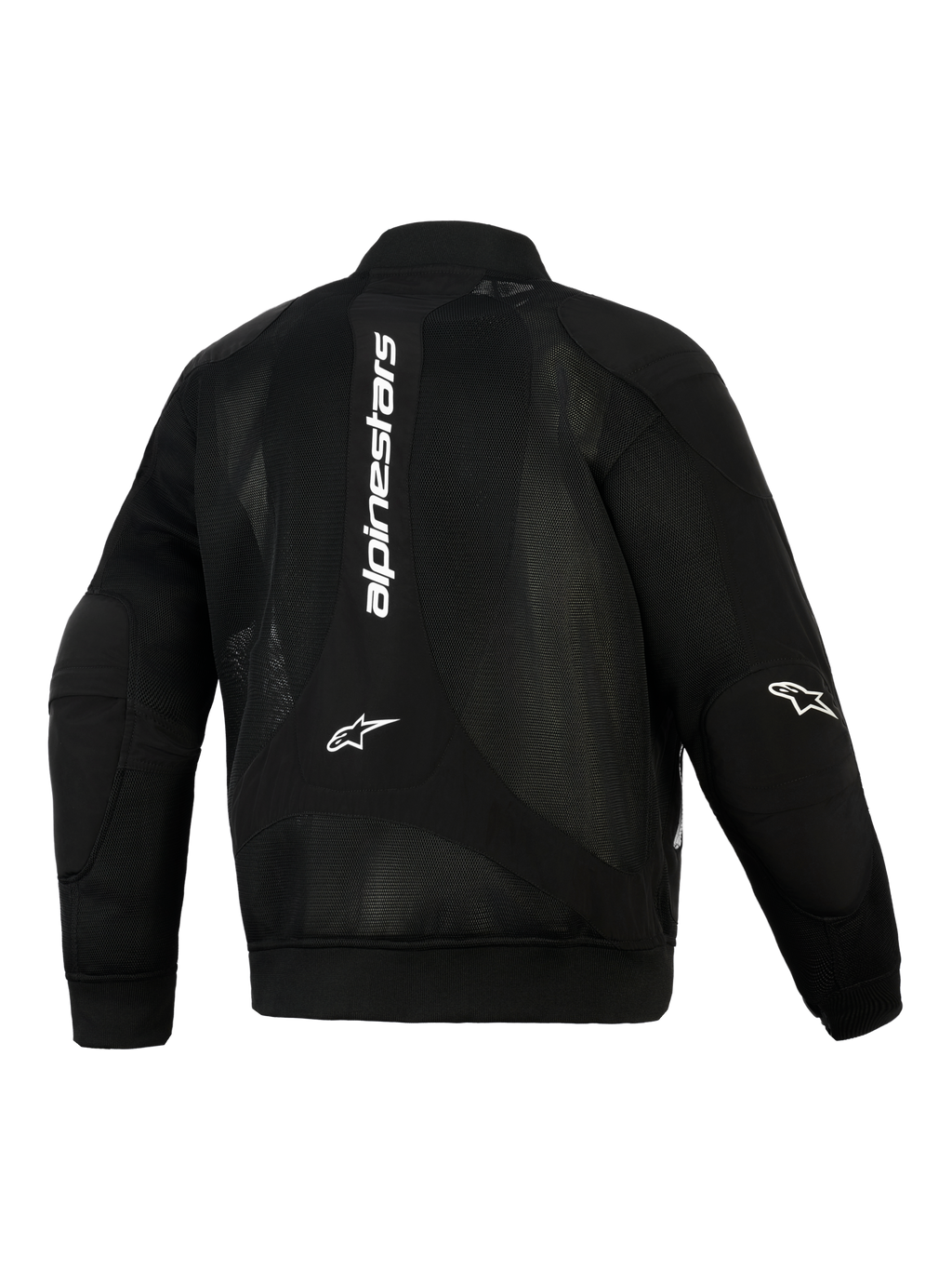 Alpinestars Flight Air Jacket, zwart, achteraanzicht, urban motorjas in bomberstijl met uitgebreide 3D-meshpanelen, witte verticale branding op de rug, Astar-logo's op de ellebogen en geribbelde stretchgebreide manchetten en zoom.