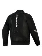 Alpinestars Flight Air Jacket, zwart, achteraanzicht, urban motorjas in bomberstijl met uitgebreide 3D-meshpanelen, witte verticale branding op de rug, Astar-logo's op de ellebogen en geribbelde stretchgebreide manchetten en zoom.