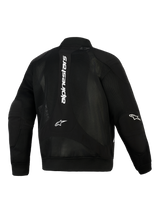 Alpinestars Flight Air Jacket, zwart, achteraanzicht, urban motorjas in bomberstijl met uitgebreide 3D-meshpanelen, witte verticale branding op de rug, Astar-logo's op de ellebogen en geribbelde stretchgebreide manchetten en zoom.