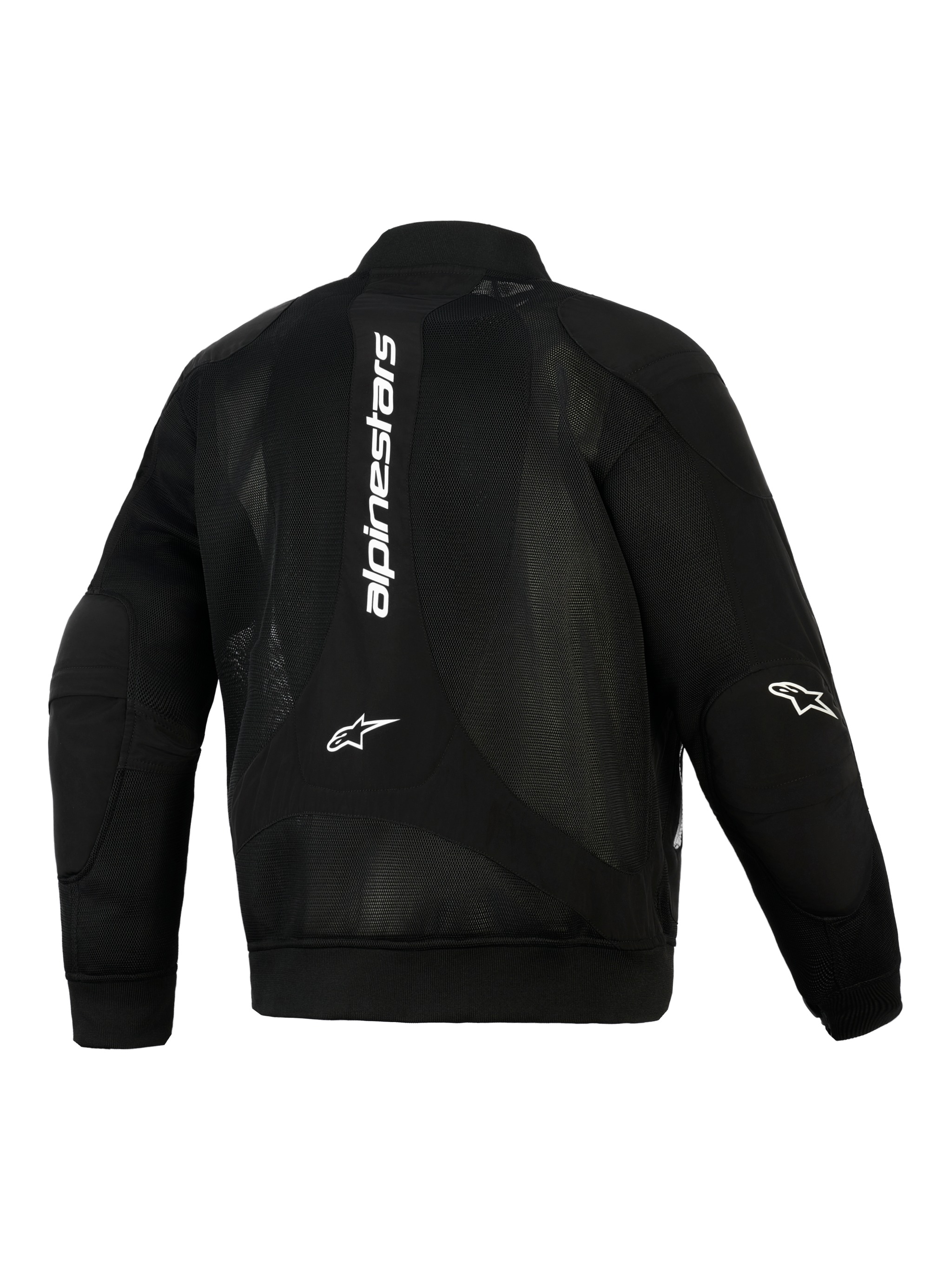 Alpinestars Flight Air Jacket, zwart, achteraanzicht, urban motorjas in bomberstijl met uitgebreide 3D-meshpanelen, witte verticale branding op de rug, Astar-logo's op de ellebogen en geribbelde stretchgebreide manchetten en zoom.