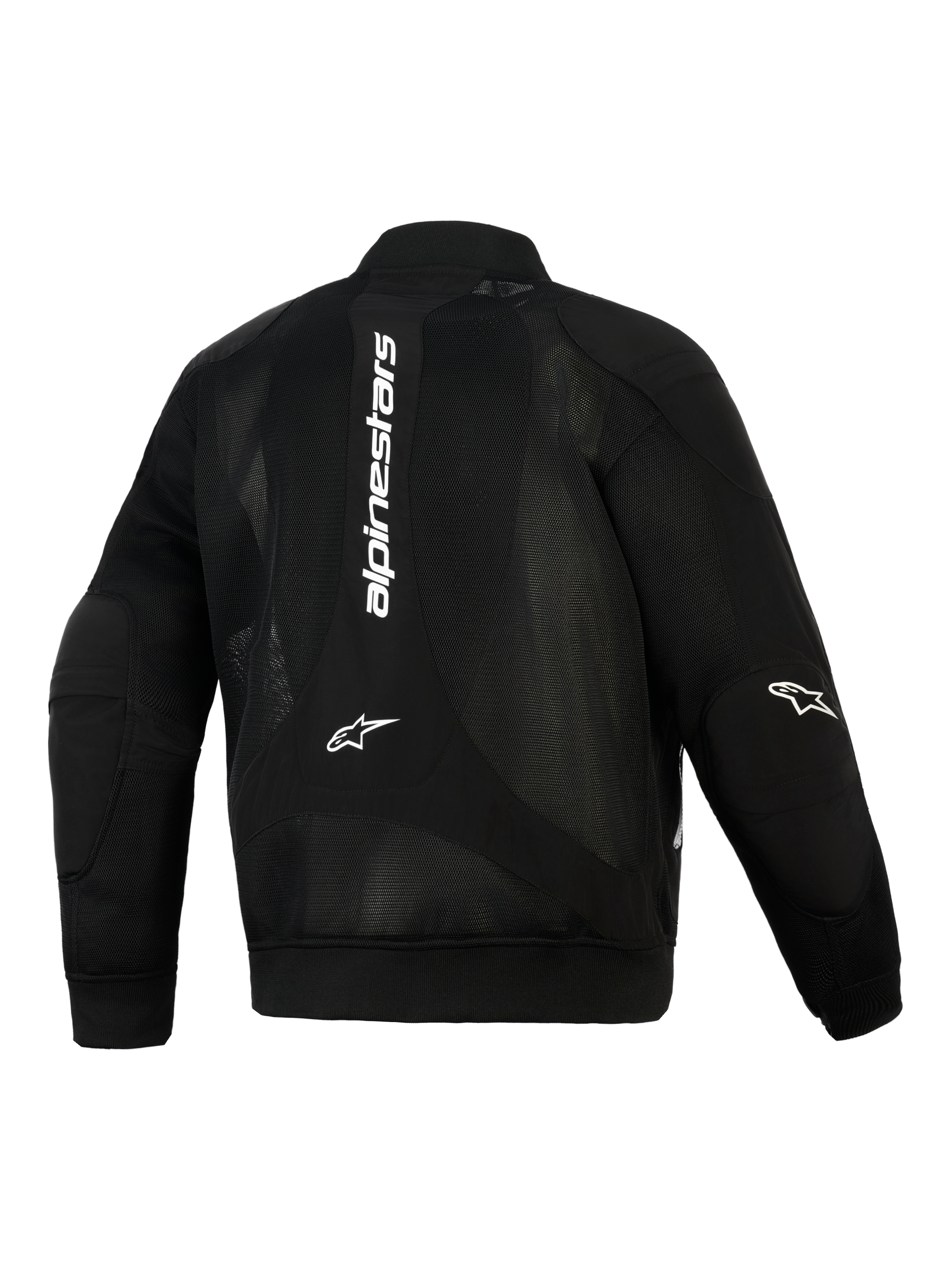 Alpinestars Flight Air Jacket, zwart, achteraanzicht, urban motorjas in bomberstijl met uitgebreide 3D-meshpanelen, witte verticale branding op de rug, Astar-logo's op de ellebogen en geribbelde stretchgebreide manchetten en zoom.