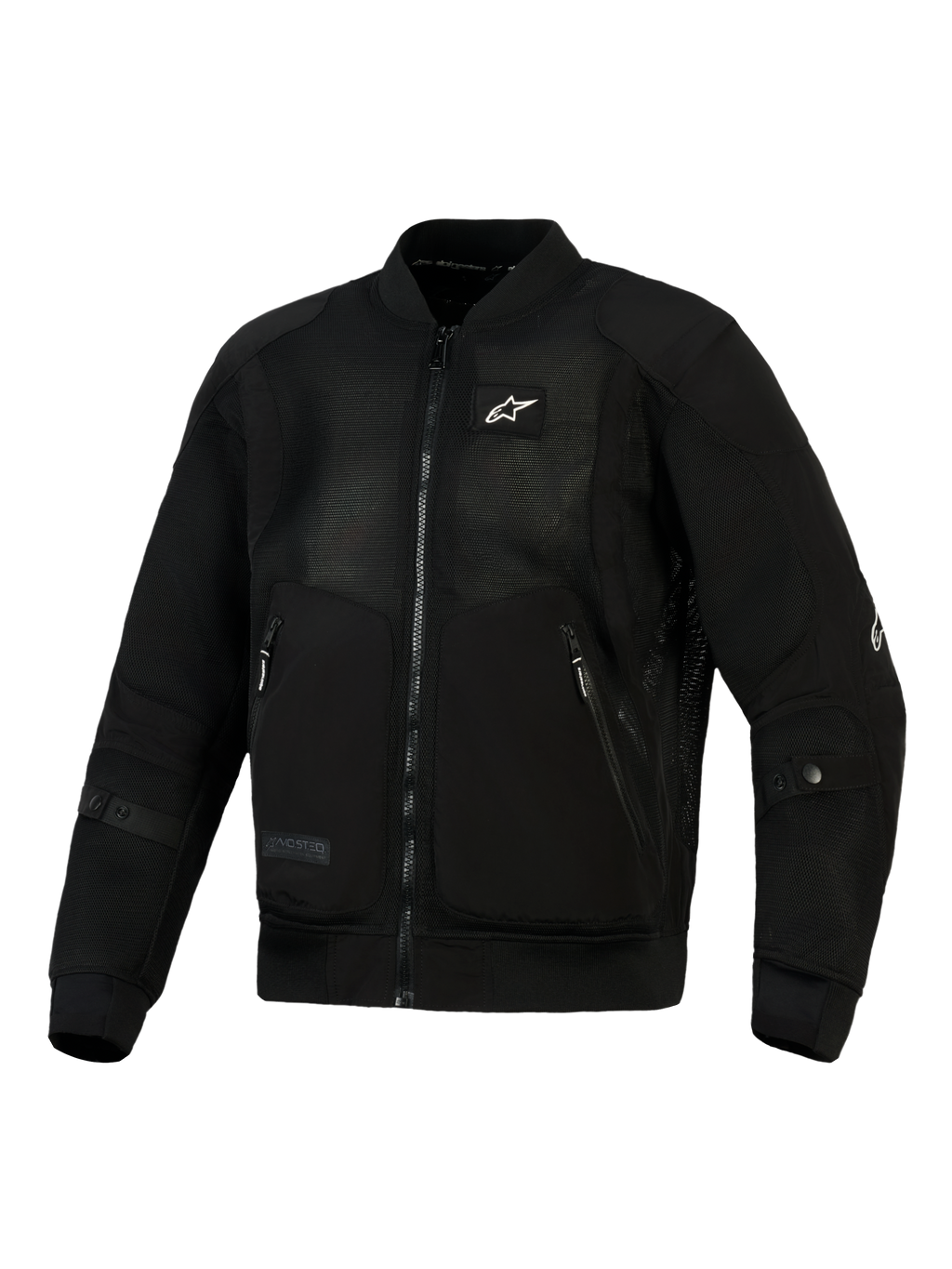 Alpinestars Flight Air Jacket in zwart, urban motorjas in bomberstijl voorzien van 3D-meshpanelen voor een hoge luchtstroom, stevige polyfabric-verstevigingen, klein wit logo op de borst en geribbelde stretchkraag en manchetten.