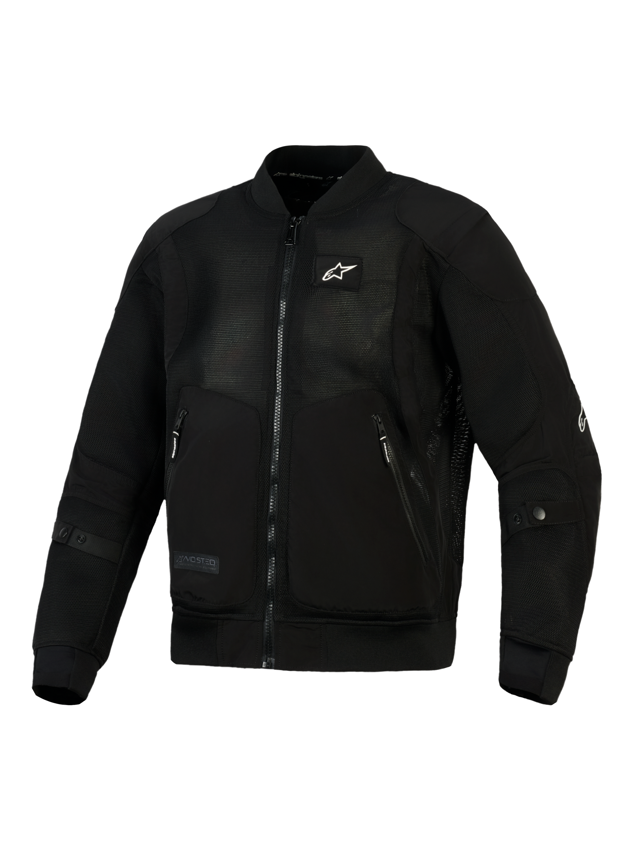 Alpinestars Flight Air Jacket in zwart, urban motorjas in bomberstijl voorzien van 3D-meshpanelen voor een hoge luchtstroom, stevige polyfabric-verstevigingen, klein wit logo op de borst en geribbelde stretchkraag en manchetten.