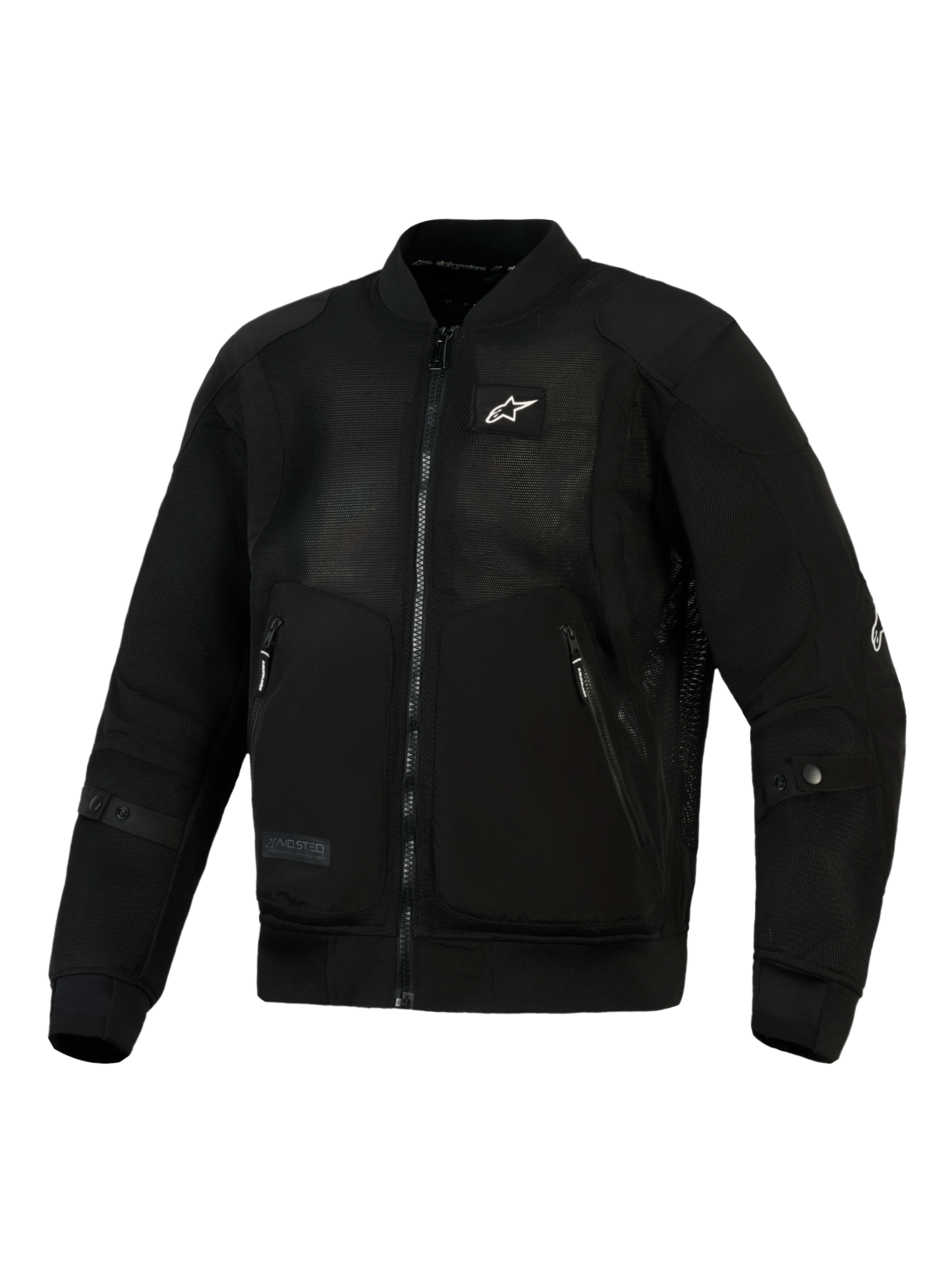 Alpinestars Flight Air Jacket in zwart, urban motorjas in bomberstijl voorzien van 3D-meshpanelen voor een hoge luchtstroom, stevige polyfabric-verstevigingen, klein wit logo op de borst en geribbelde stretchkraag en manchetten.