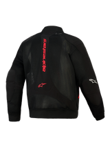 Alpinestars Flight Air Jas, zwart met felrood, achteraanzicht met 3D mesh-constructie, verticaal rood Alpinestars-logo op de rug, bomber-stijl silhouet met geribbelde taille en manchetten, wit logo op de mouw