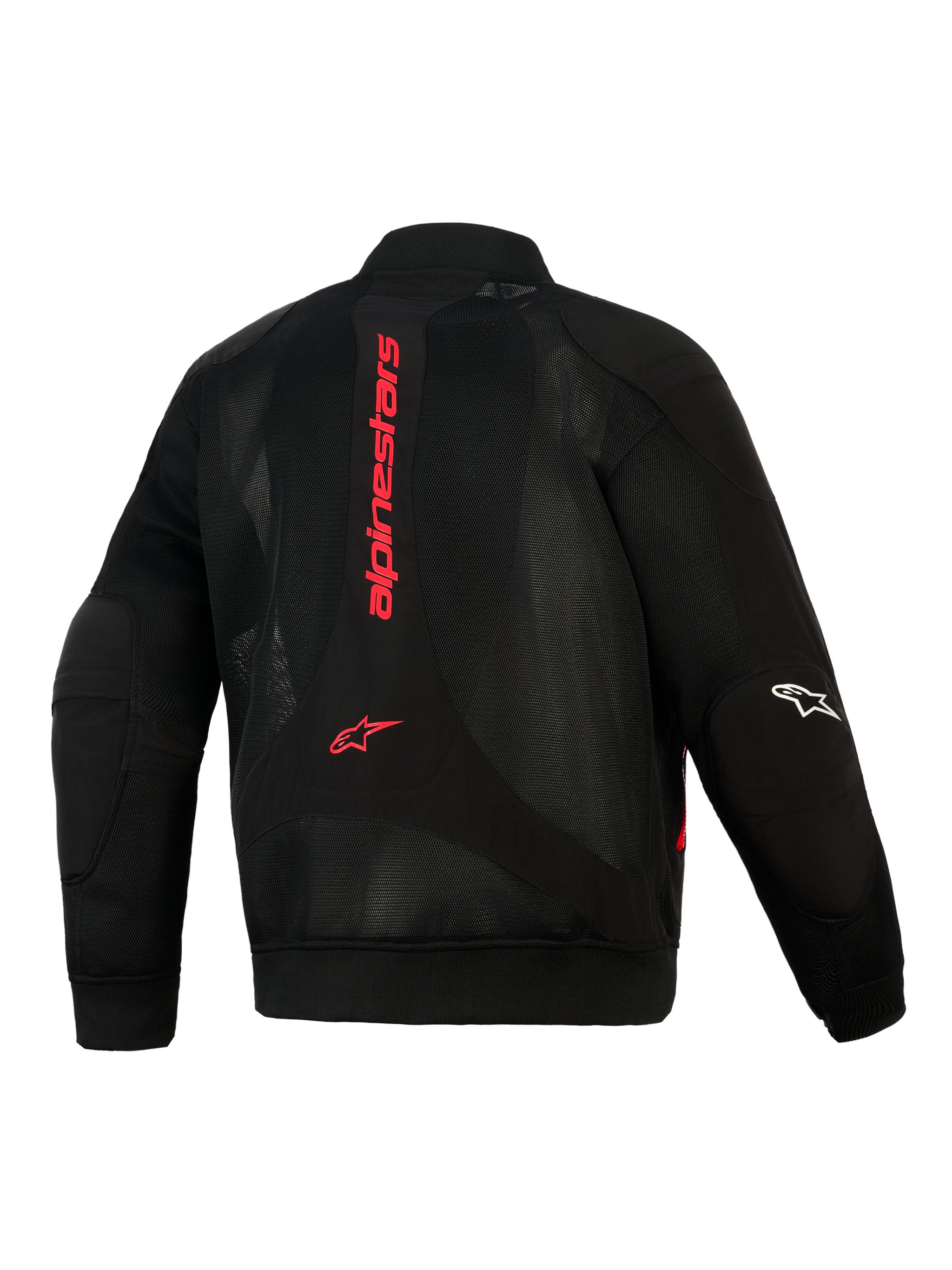 Alpinestars Flight Air Jas, zwart met felrood, achteraanzicht met 3D mesh-constructie, verticaal rood Alpinestars-logo op de rug, bomber-stijl silhouet met geribbelde taille en manchetten, wit logo op de mouw
