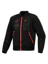 Alpinestars Flight Air Jacket, Black Bright Red, vooraanzicht van een lichtgewicht motorjas in bomberstijl met 3D mesh-panelen, contrasterende rode ritsen en rood Alpinestars-logo op de borst.
