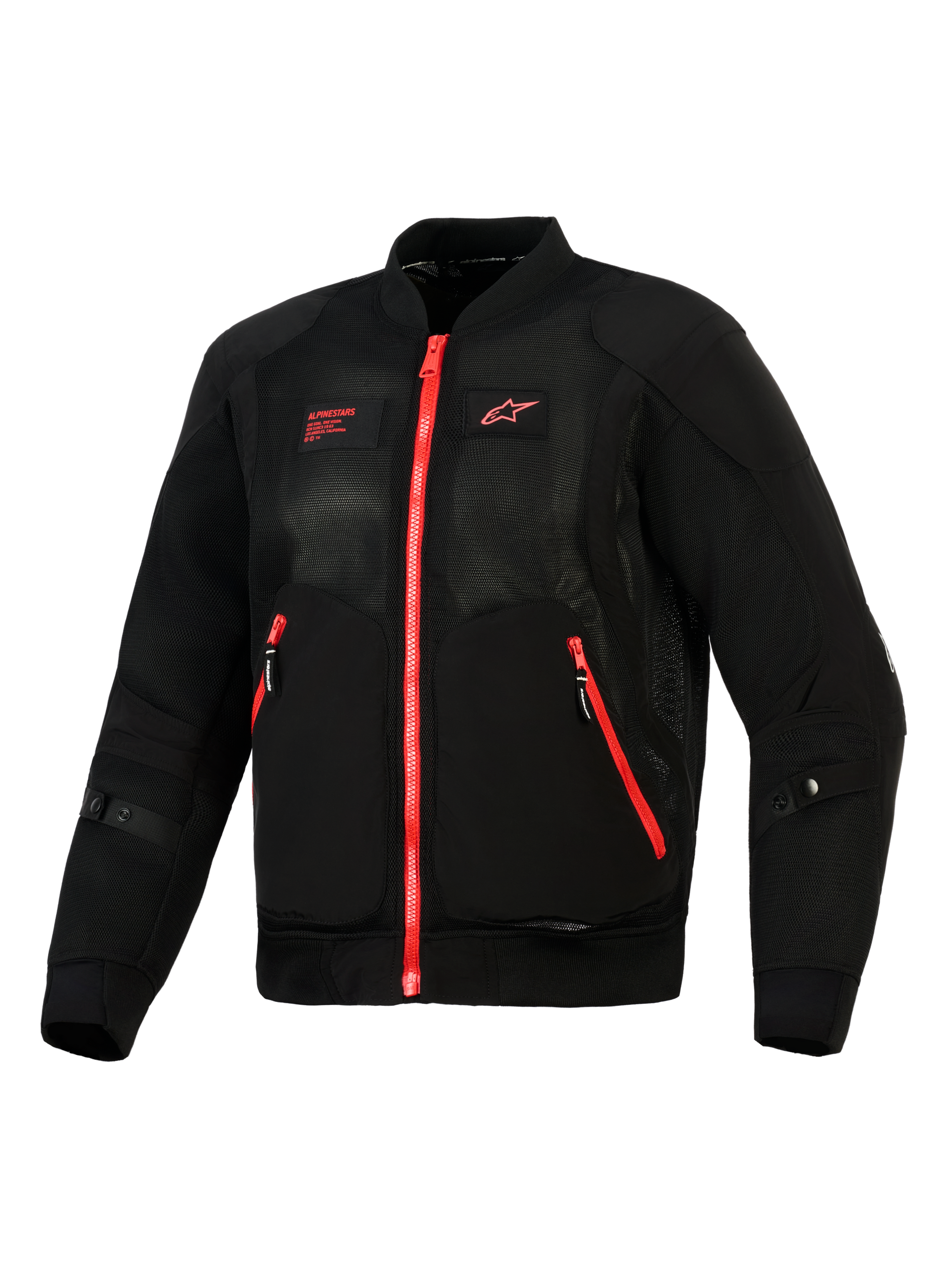 Alpinestars Flight Air Jacket, Black Bright Red, vooraanzicht van een lichtgewicht motorjas in bomberstijl met 3D mesh-panelen, contrasterende rode ritsen en rood Alpinestars-logo op de borst.