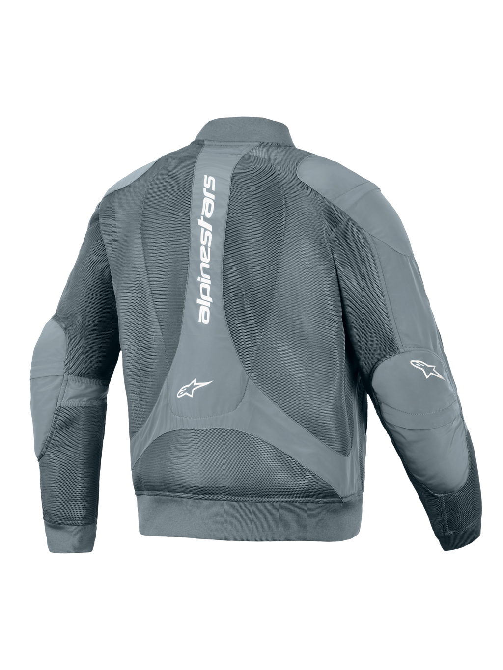 Alpinestars Flight Air Jacket, urban motorjas, Storm Gray, achteraanzicht met een groot verticaal wit Alpinestars-logo, uitgebreide 3D-meshpanelen voor luchtstroom en geribbelde taille en manchetten in bomberstijl