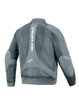 Alpinestars Flight Air Jacket, Urban Motorcycle Jacket, Storm Gray, back view featuring a large vertical white Alpinestars logo, extensive 3D mesh panels for airflow, and bomber-style ribbed waist and cuffs