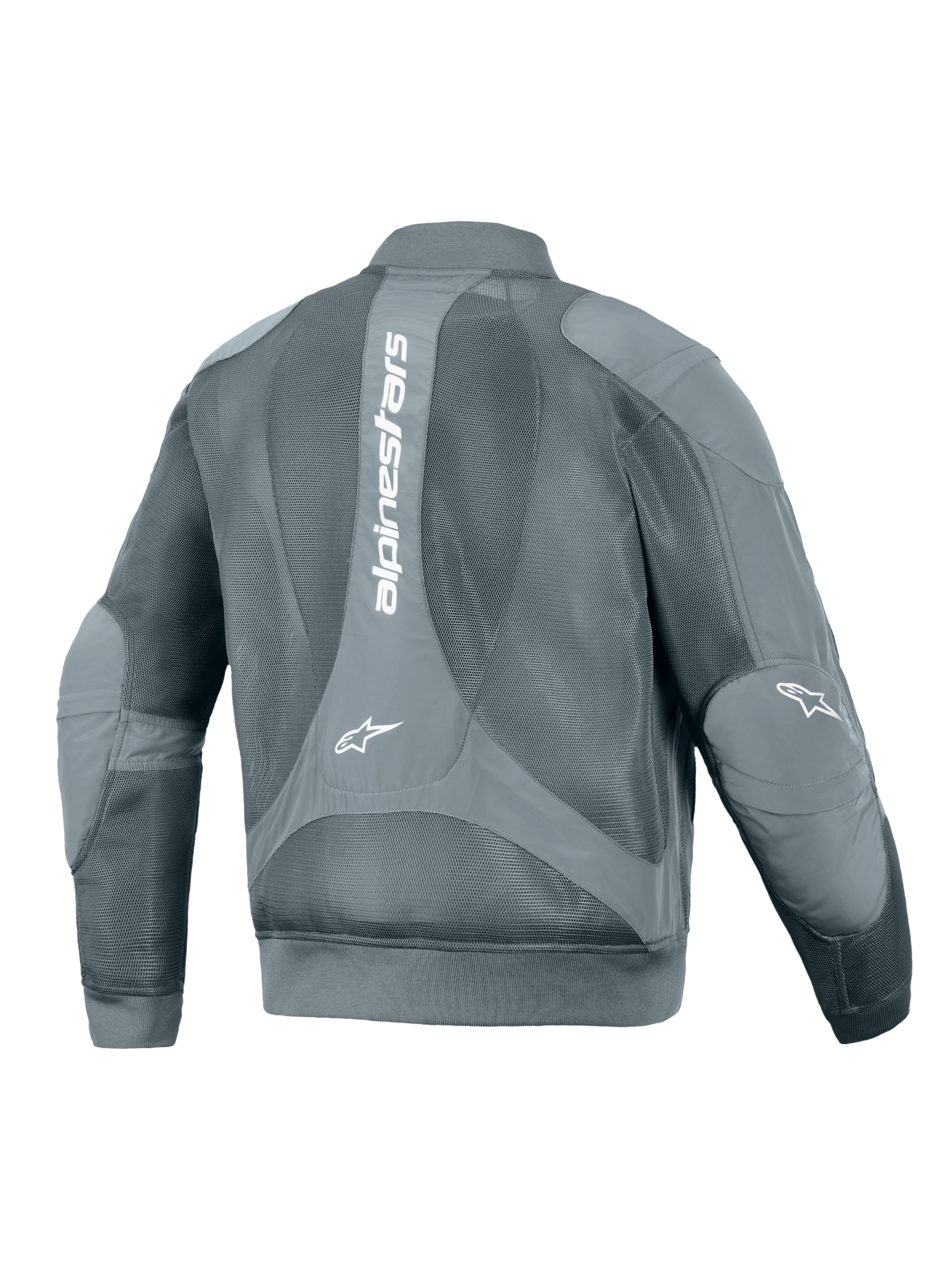 Alpinestars Flight Air Jacket, urban motorjas, Storm Gray, achteraanzicht met een groot verticaal wit Alpinestars-logo, uitgebreide 3D-meshpanelen voor luchtstroom en geribbelde taille en manchetten in bomberstijl