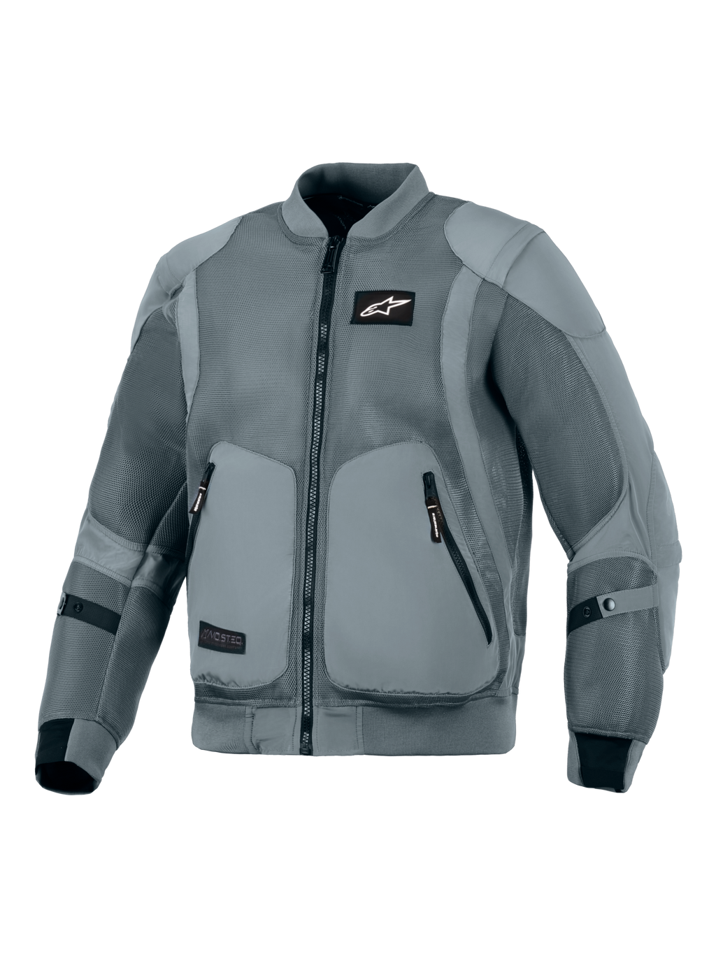 Alpinestars Flight Air Jacket, Storm Gray, urban motorjas, op bomberjack geïnspireerd silhouet met uitgebreide 3D-mesh ventilatiepanelen, geribbelde stretchkraag en manchetten, zwart Astars-logo op de borst, externe protectorzakken, ontworpen voor motorrijden op straat bij warm weer.