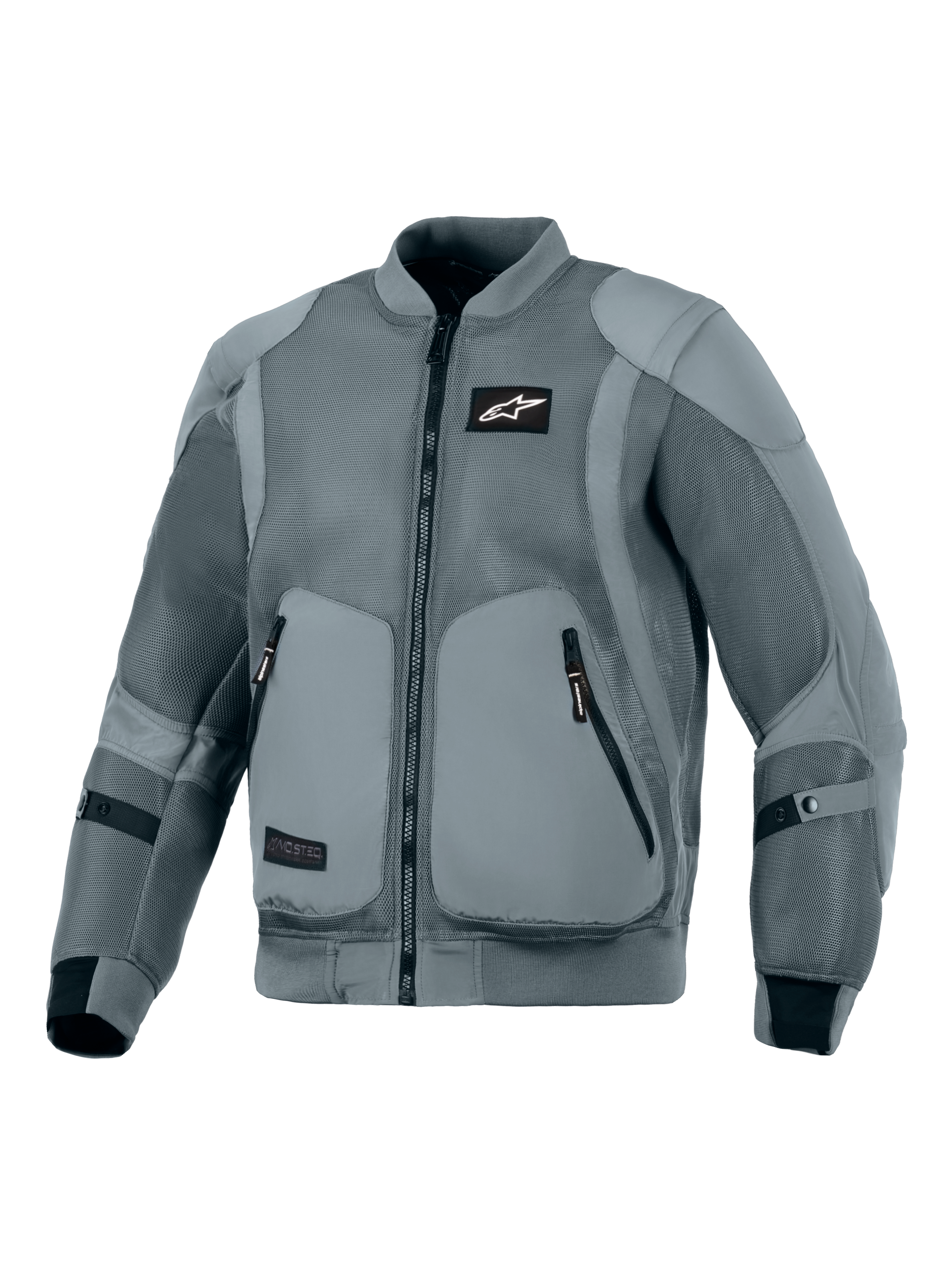 Alpinestars Flight Air Jacket, Storm Gray, urban motorjas, op bomberjack geïnspireerd silhouet met uitgebreide 3D-mesh ventilatiepanelen, geribbelde stretchkraag en manchetten, zwart Astars-logo op de borst, externe protectorzakken, ontworpen voor motorrijden op straat bij warm weer.