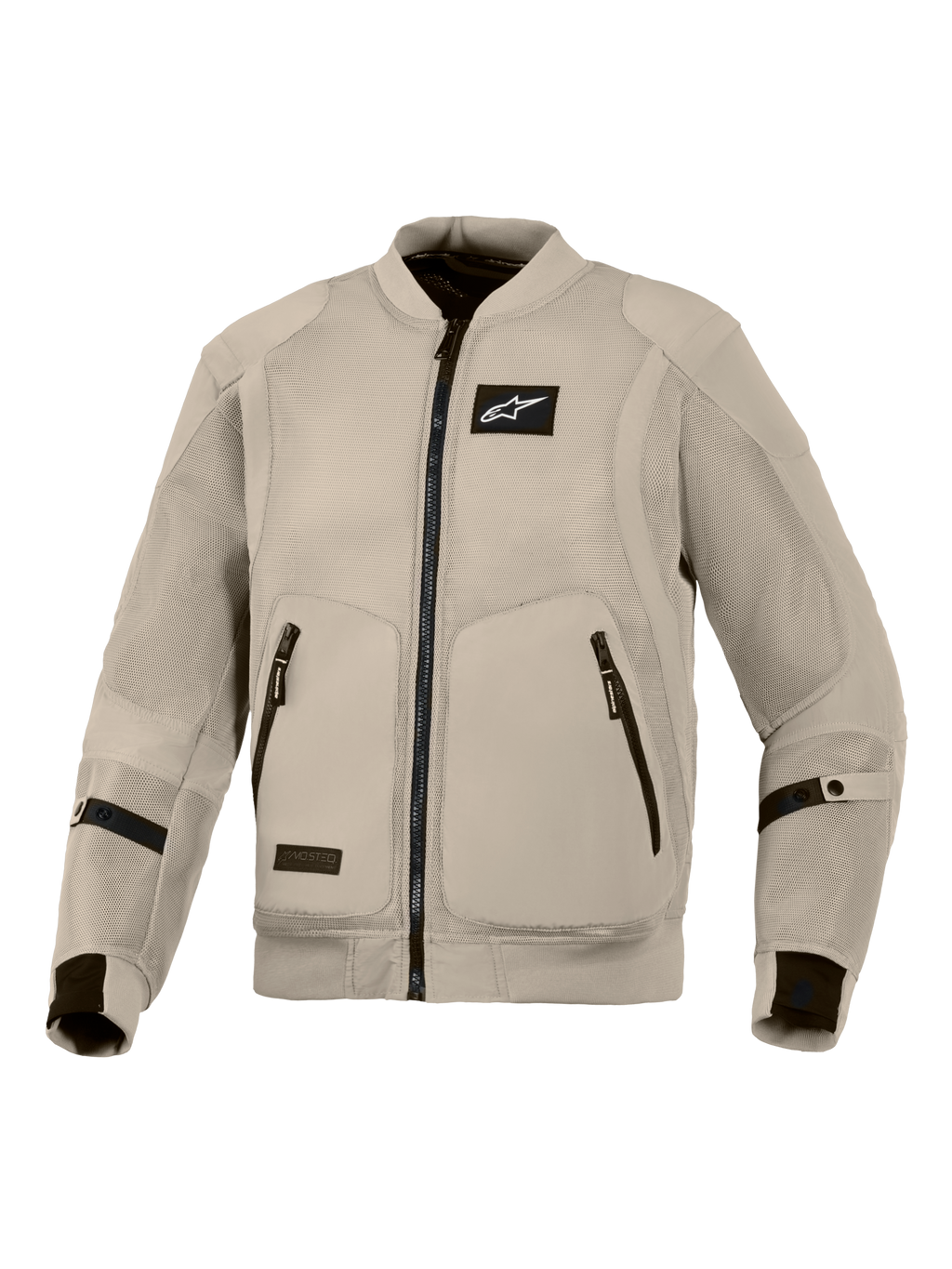 Alpinestars Flight Air Jacket, Aluminum Grey motorcycle jacket, bomber-style urban riding gear featuring extended 3D mesh panels for maximum airflow, black Alpinestars logo on chest, and dual front zippered pockets.