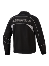 Alpinestars Unite Jacket, Rear View, Black with Dark Gray Reflective Panels, White Outlined Alpinestars Branding Across the Back, Urban Motorcycle Softshell Jacket with Minimalist Design